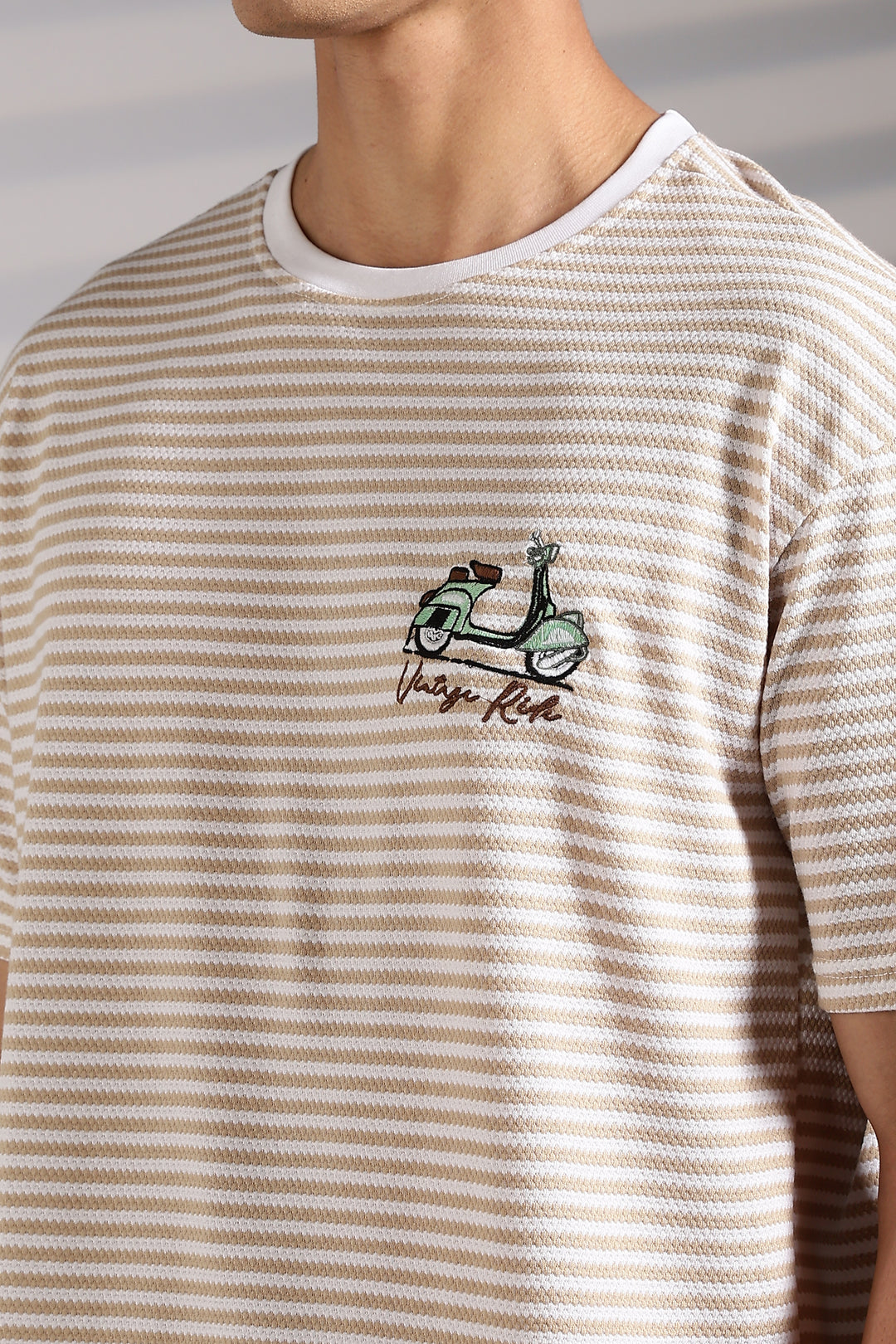 Vintage Ride: Embroidered Cream Stripes Oversized T-shirt