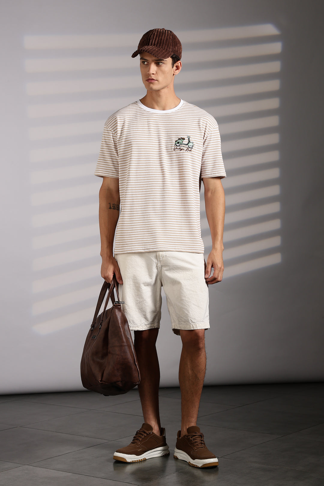 Vintage Ride: Embroidered Cream Stripes Oversized T-shirt