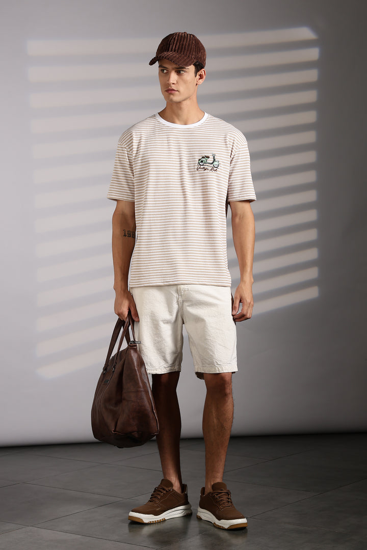 Vintage Ride: Embroidered Cream Stripes Oversized T-shirt