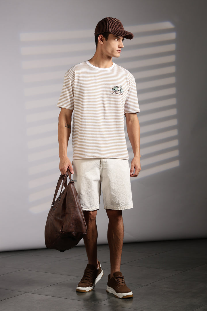 Vintage Ride: Embroidered Cream Stripes Oversized T-shirt