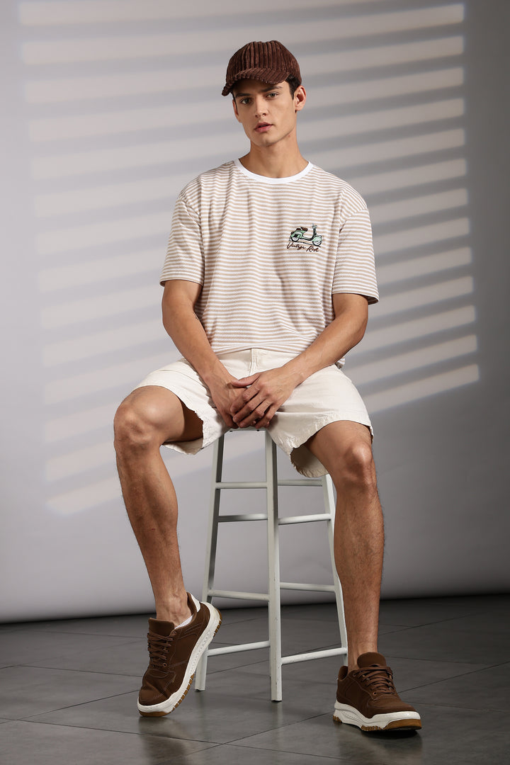 Vintage Ride: Embroidered Cream Stripes Oversized T-shirt