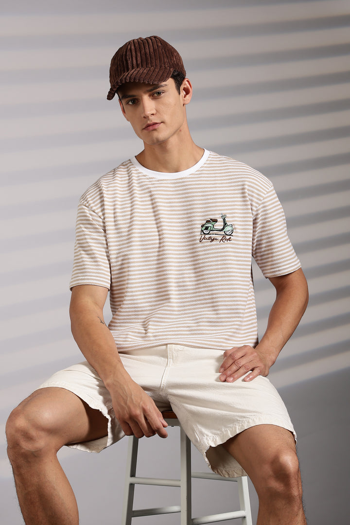 Vintage Ride: Embroidered Cream Stripes Oversized T-shirt