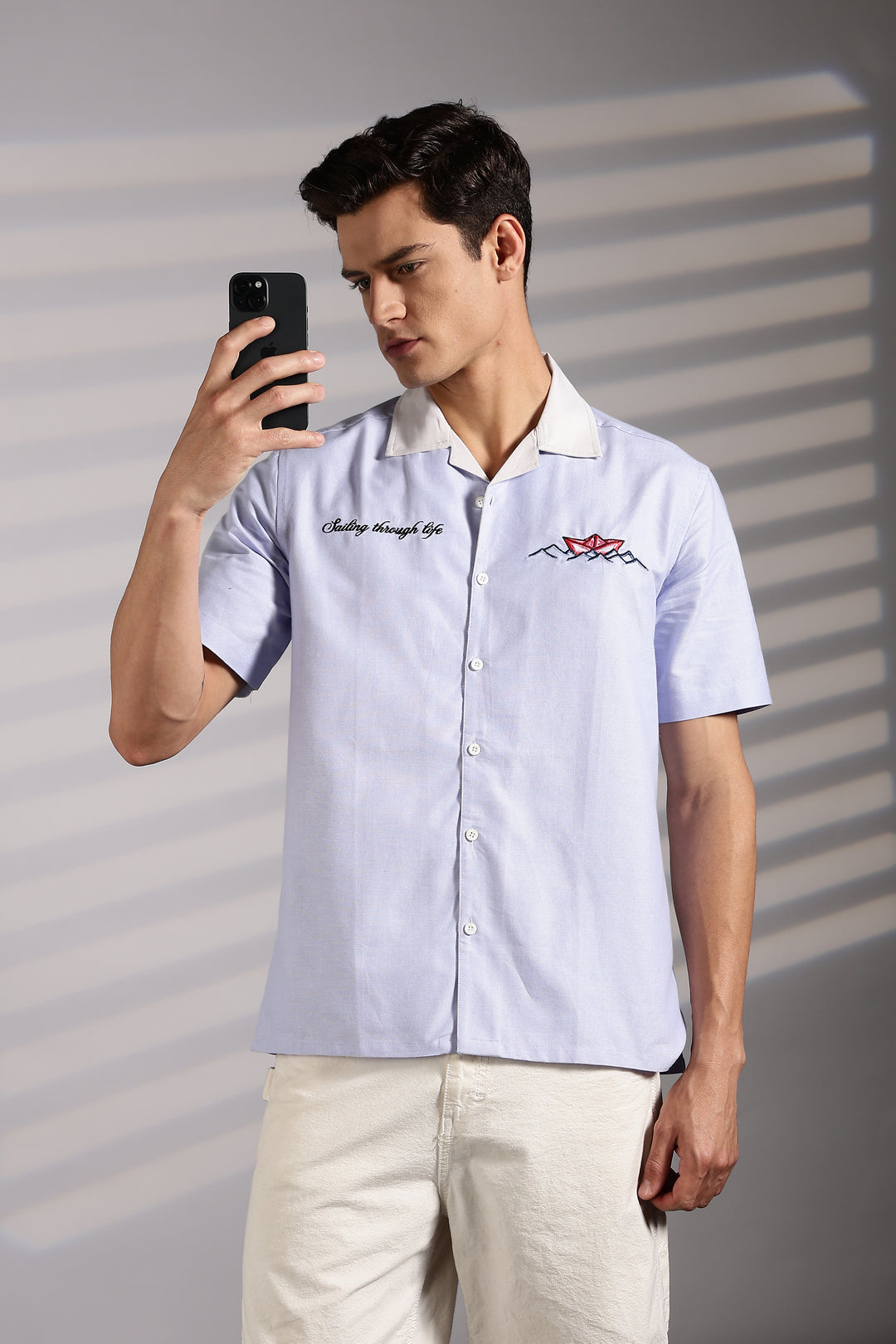 Boat: lilac Embroidery Cuban Shirt