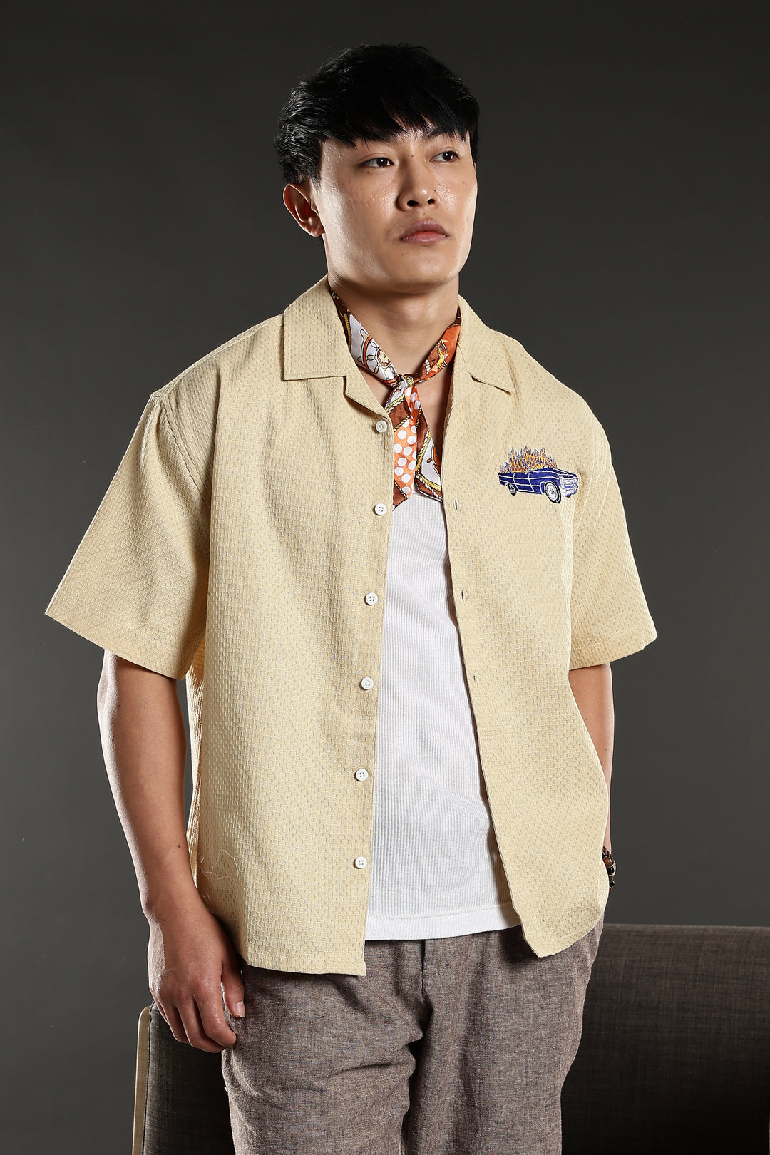 Fire Car: Boxy Fit Cream Embroidery shirt