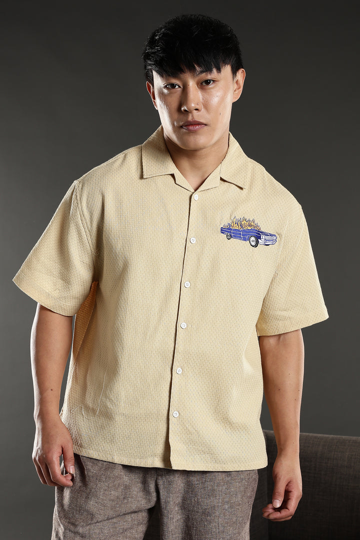 Fire Car: Boxy Fit Cream Embroidery shirt