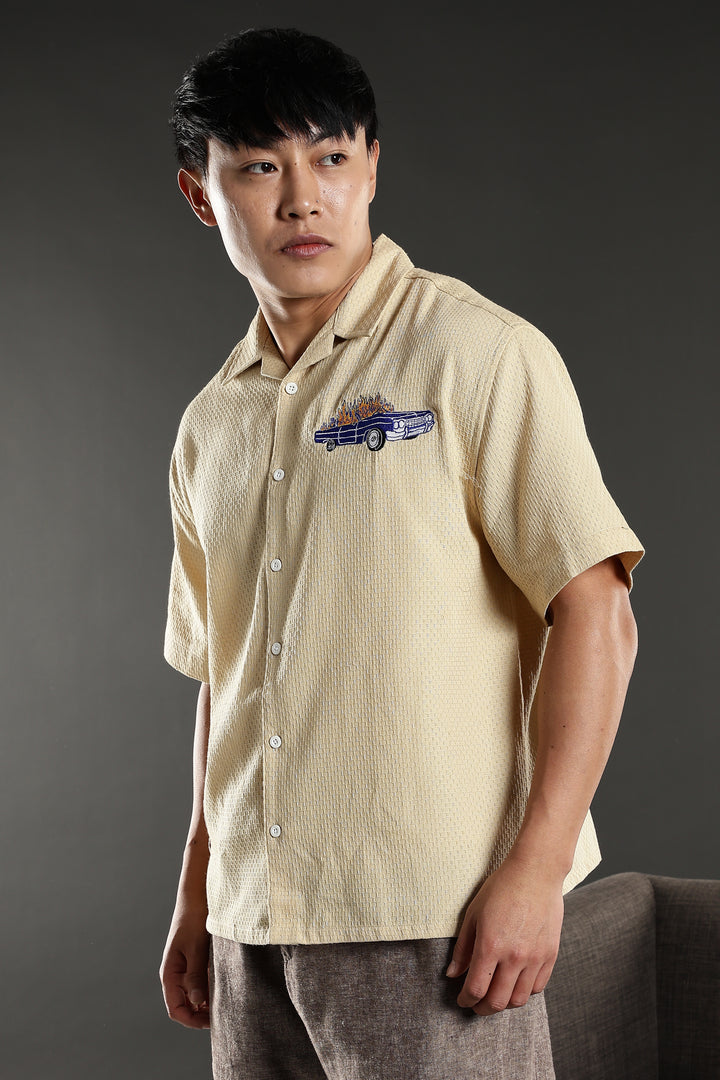 Fire Car: Boxy Fit Cream Embroidery shirt