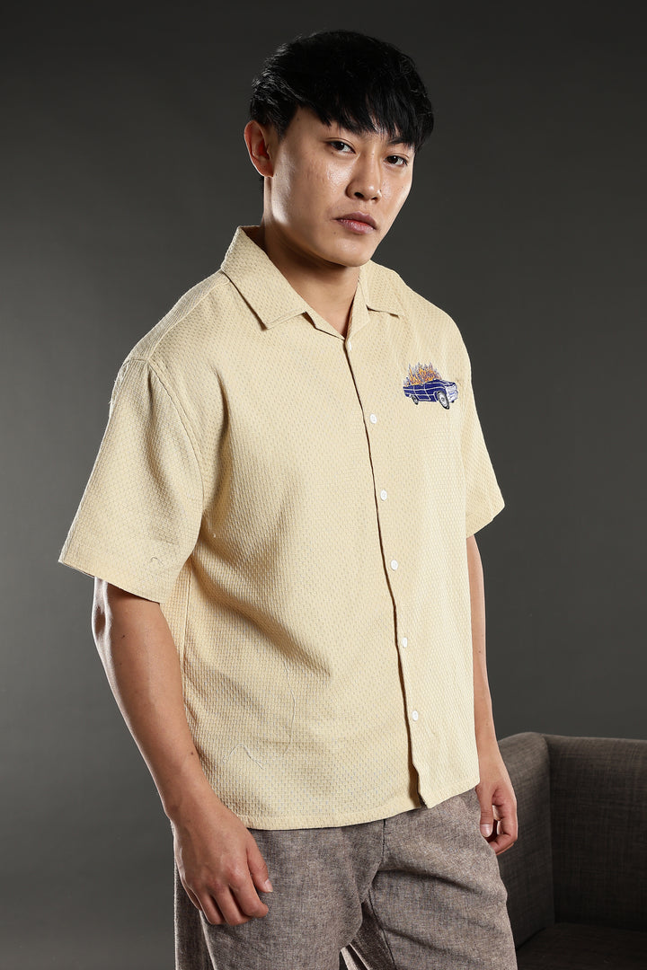 Fire Car: Boxy Fit Cream Embroidery shirt