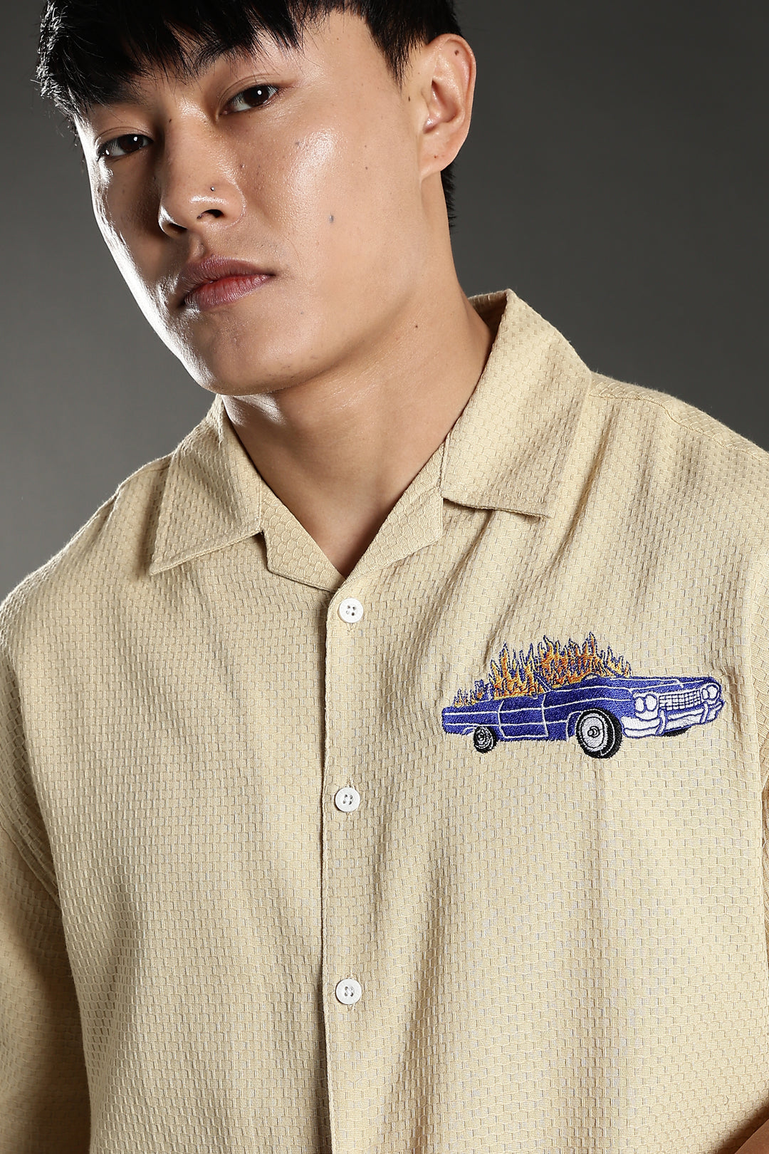 Fire Car: Boxy Fit Cream Embroidery shirt