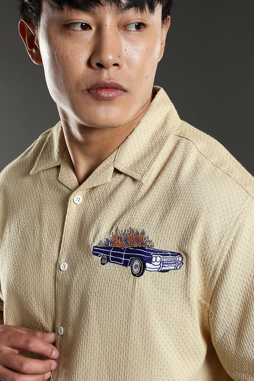 Fire Car: Boxy Fit Cream Embroidery shirt