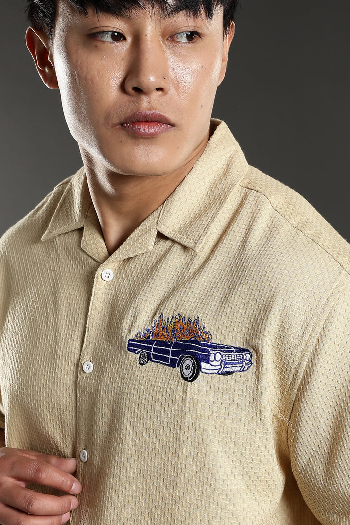 Fire Car: Boxy Fit Cream Embroidery shirt