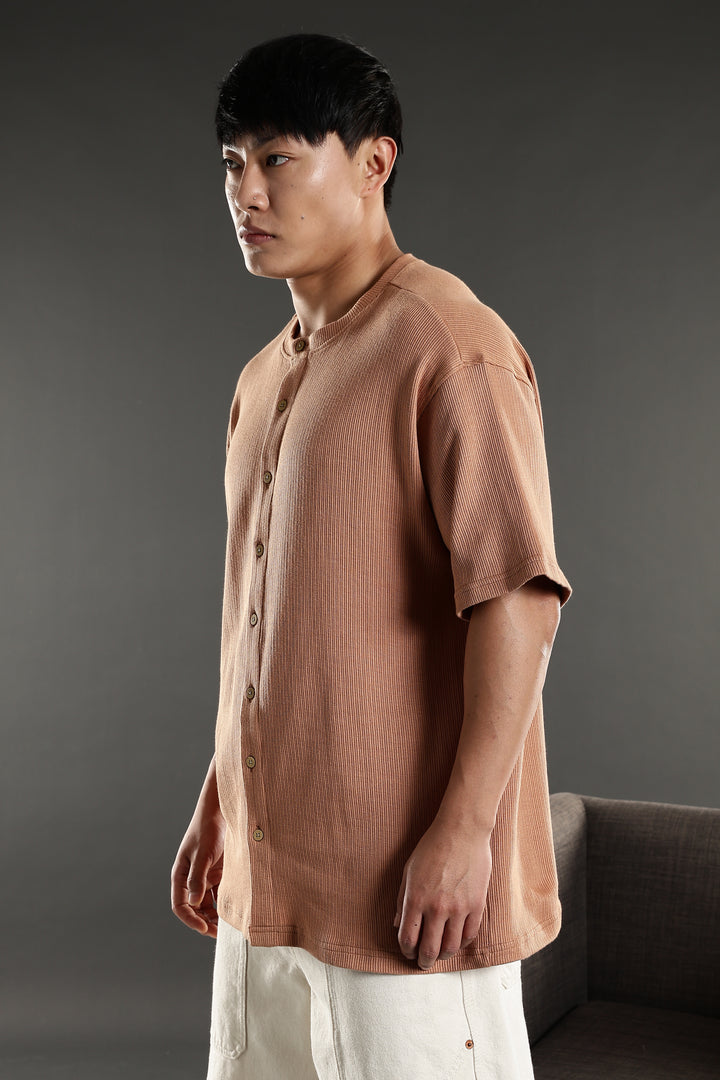 Mandarain Collar : Knitted Brown shirt