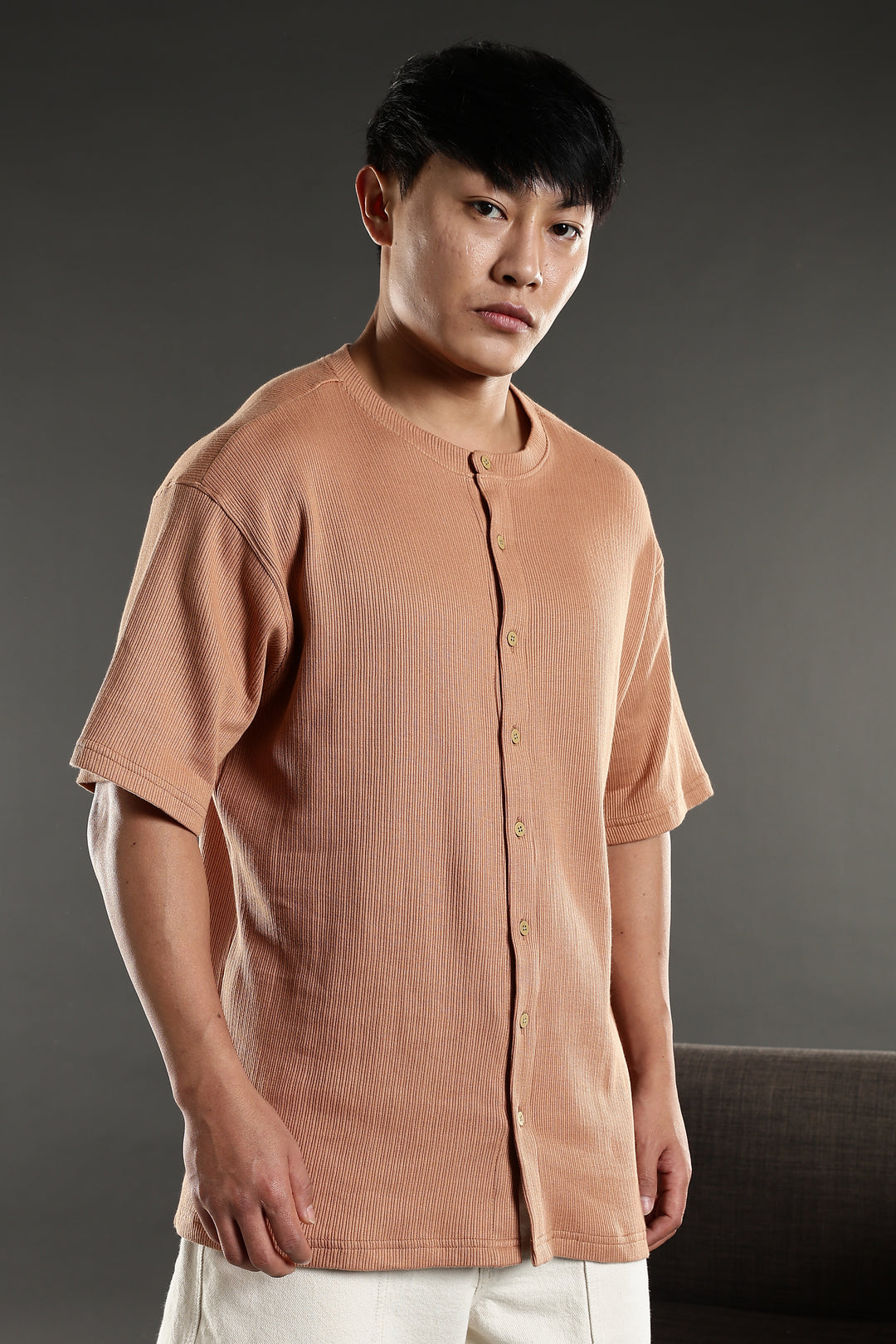 Mandarain Collar : Knitted Brown shirt
