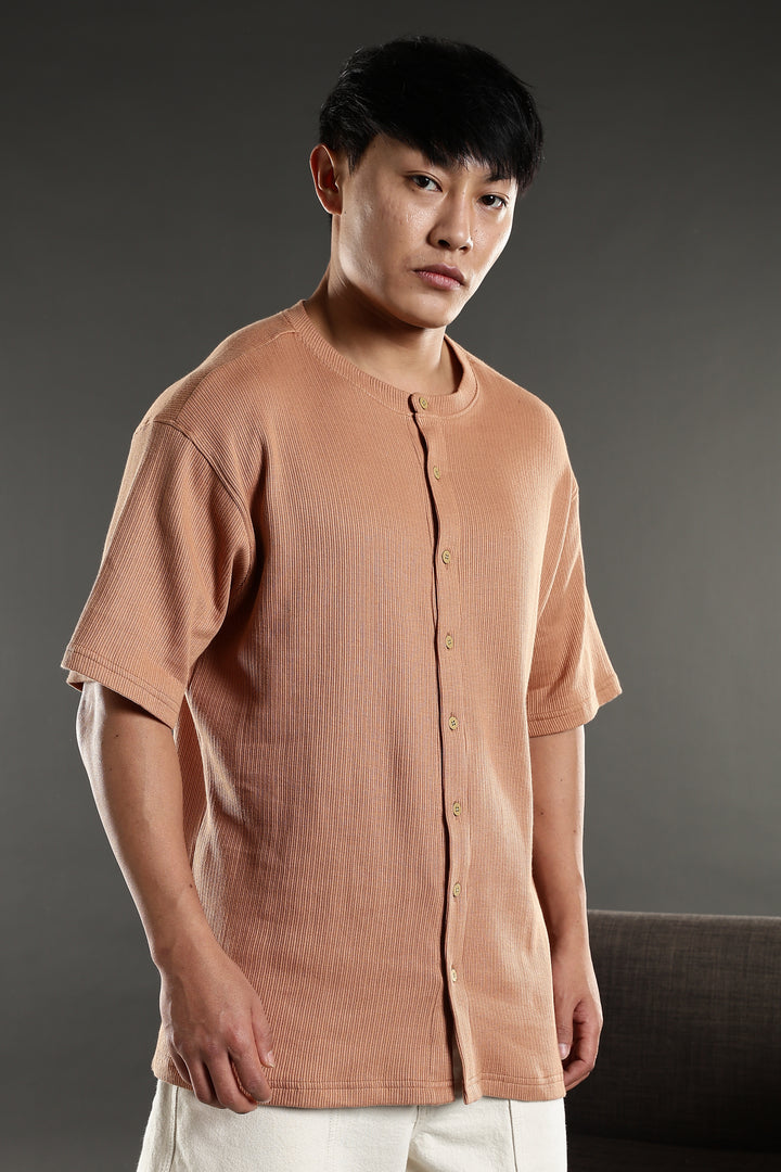 Mandarain Collar : Knitted Brown shirt