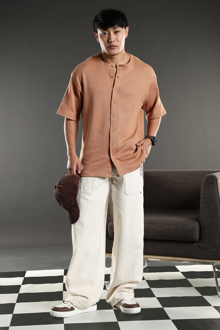 Mandarain Collar : Knitted Brown shirt