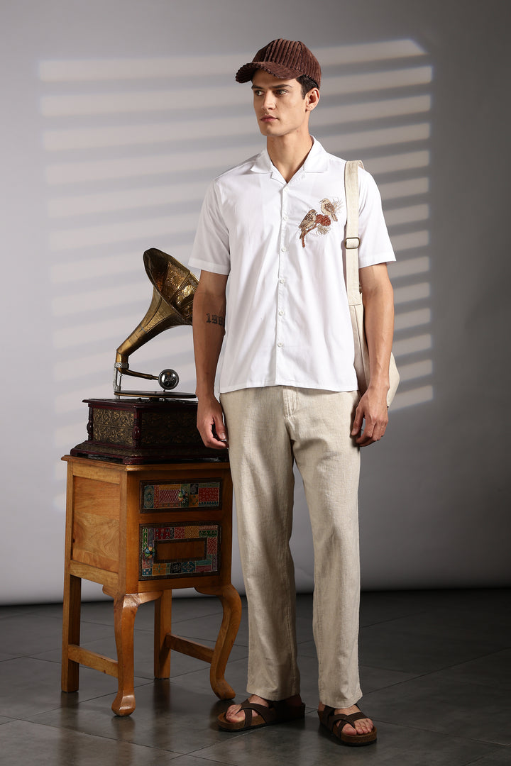 Sparrow: Embroidery White Cotton Cuban Shirt