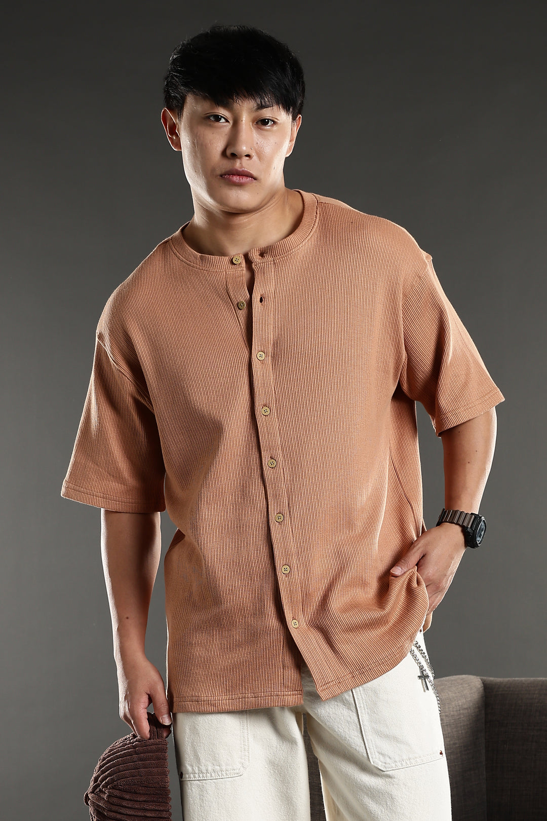 Mandarain Collar : Knitted Brown shirt