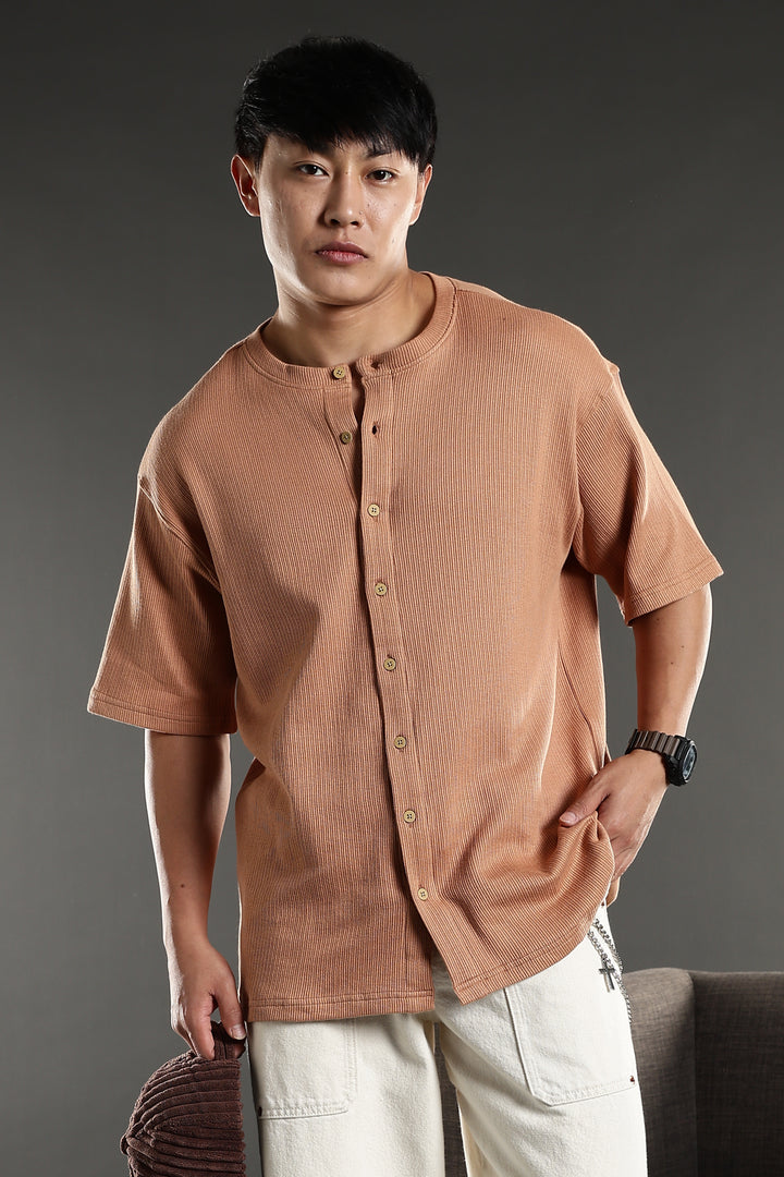 Mandarain Collar : Knitted Brown shirt
