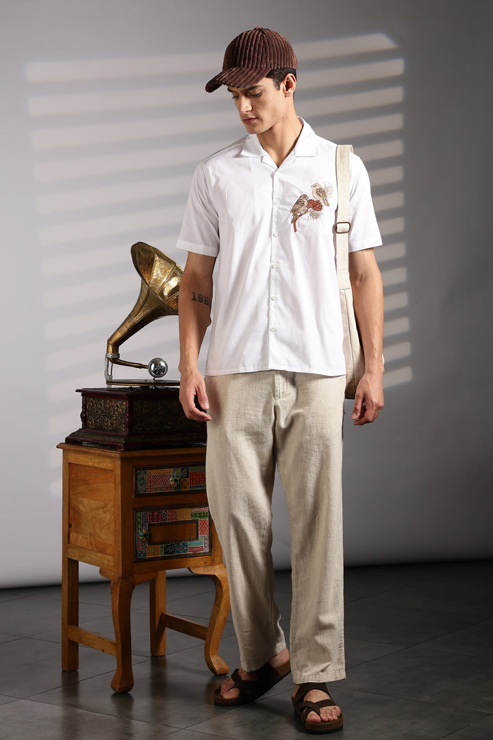 Sparrow: Embroidery White Cotton Cuban Shirt