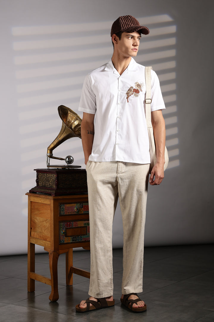 Sparrow: Embroidery White Cotton Cuban Shirt