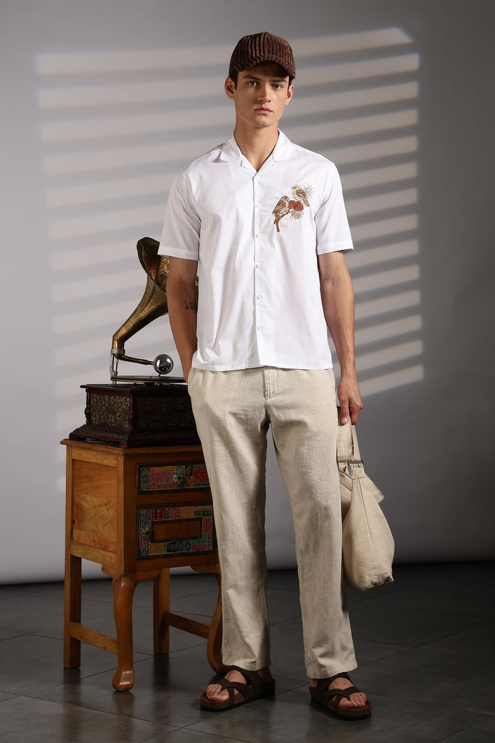 Sparrow: Embroidery White Cotton Cuban Shirt
