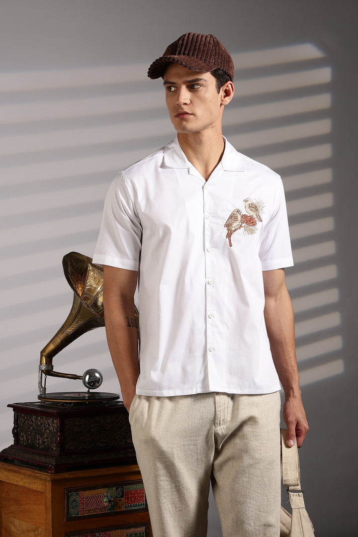 Sparrow: Embroidery White Cotton Cuban Shirt