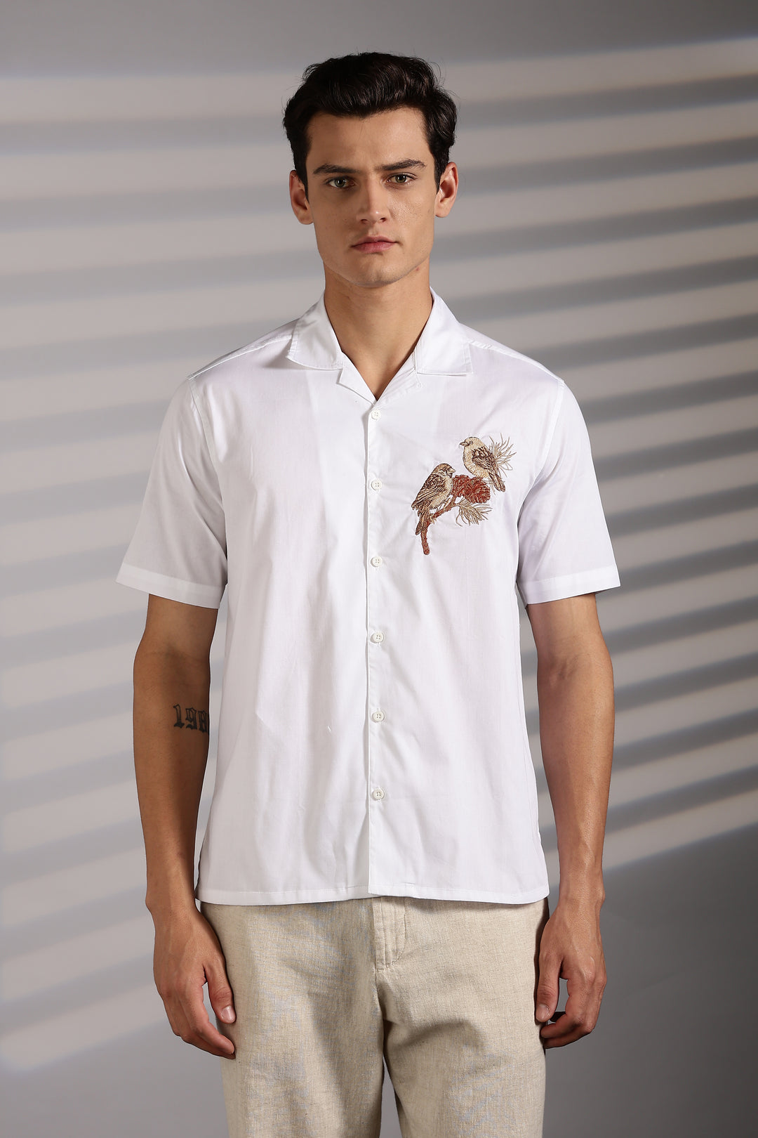 Sparrow: Embroidery White Cotton Cuban Shirt