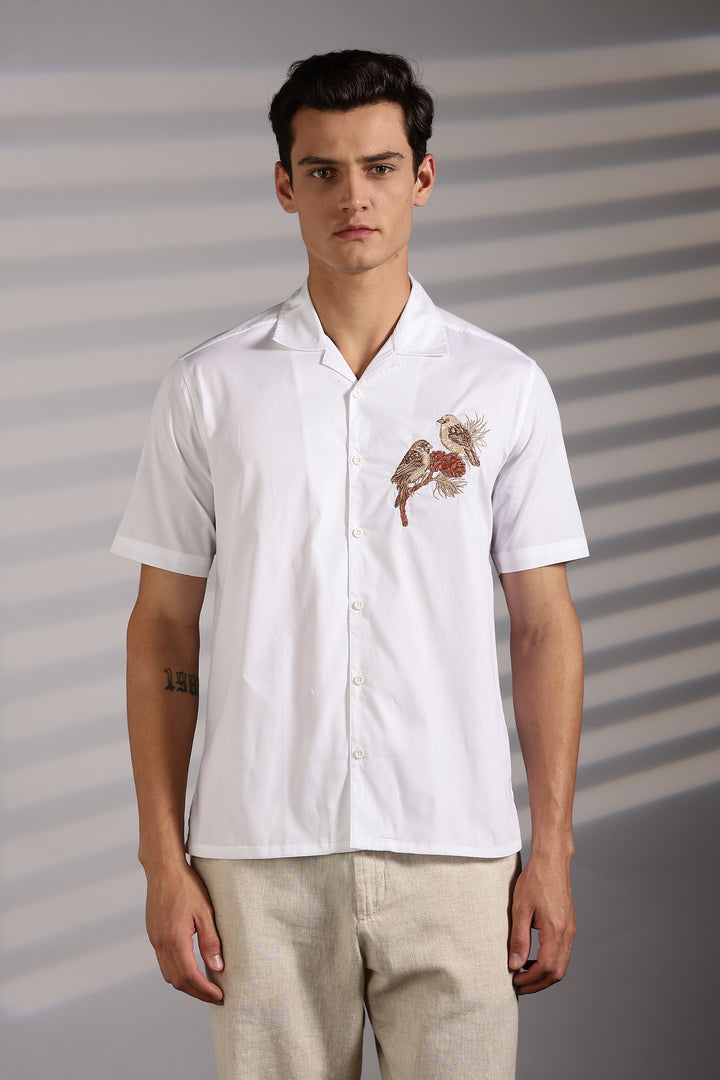 Sparrow: Embroidery White Cotton Cuban Shirt
