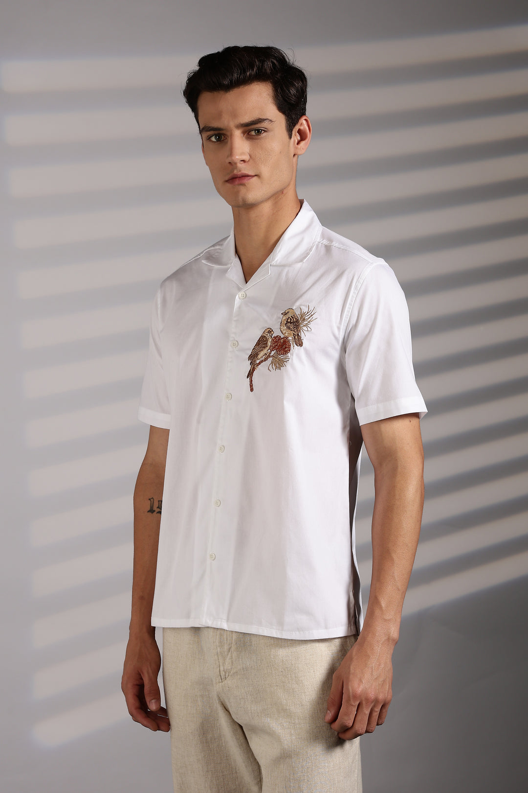 Sparrow: Embroidery White Cotton Cuban Shirt