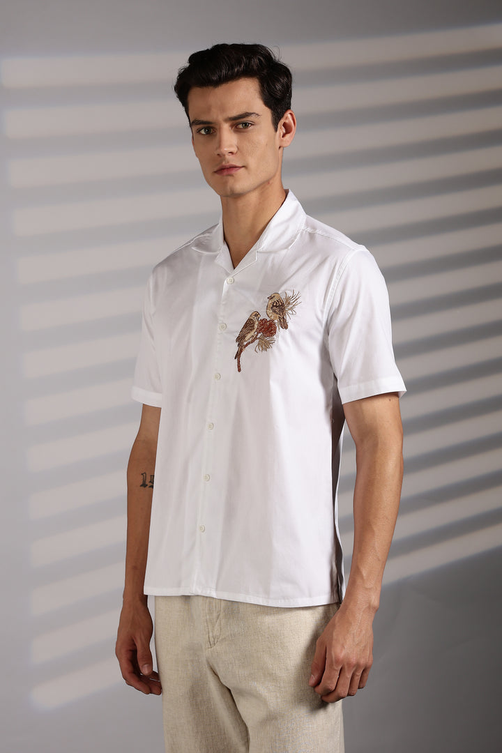 Sparrow: Embroidery White Cotton Cuban Shirt