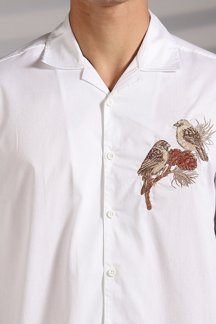 Sparrow: Embroidery White Cotton Cuban Shirt