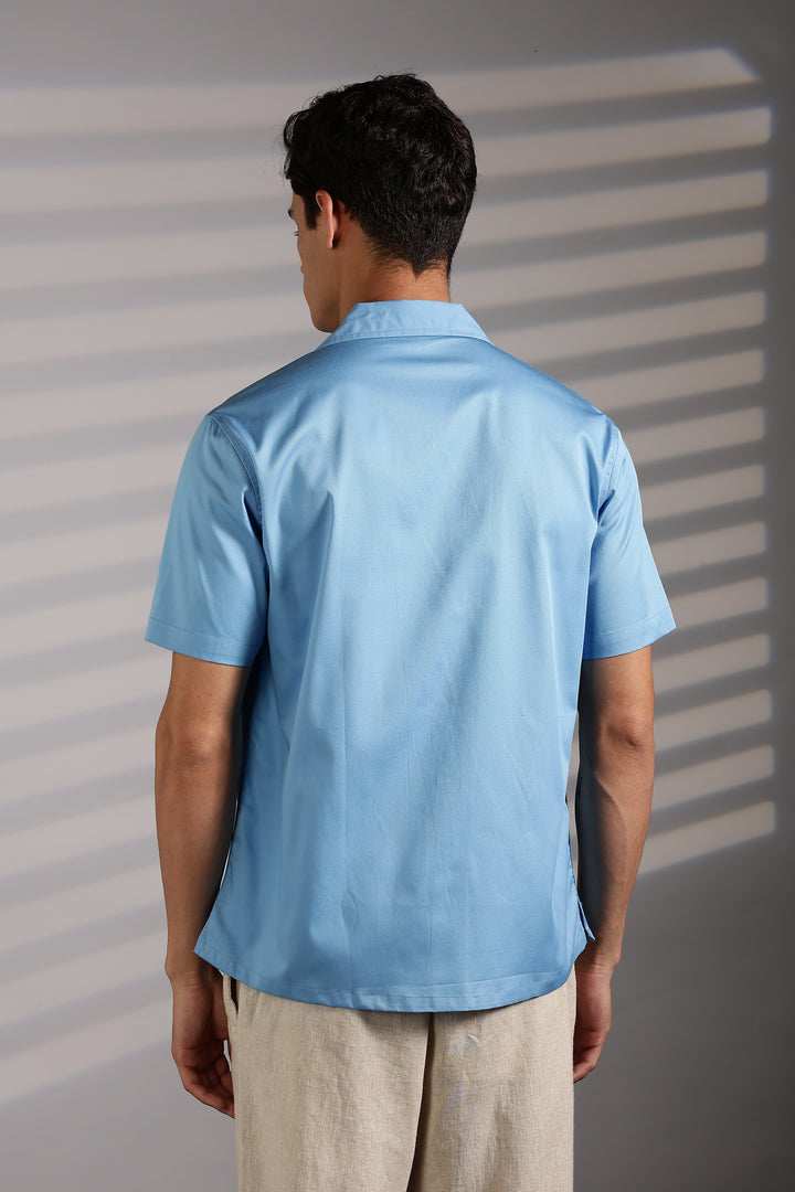 Vacation: Blue Embroidery Cuban Shirt