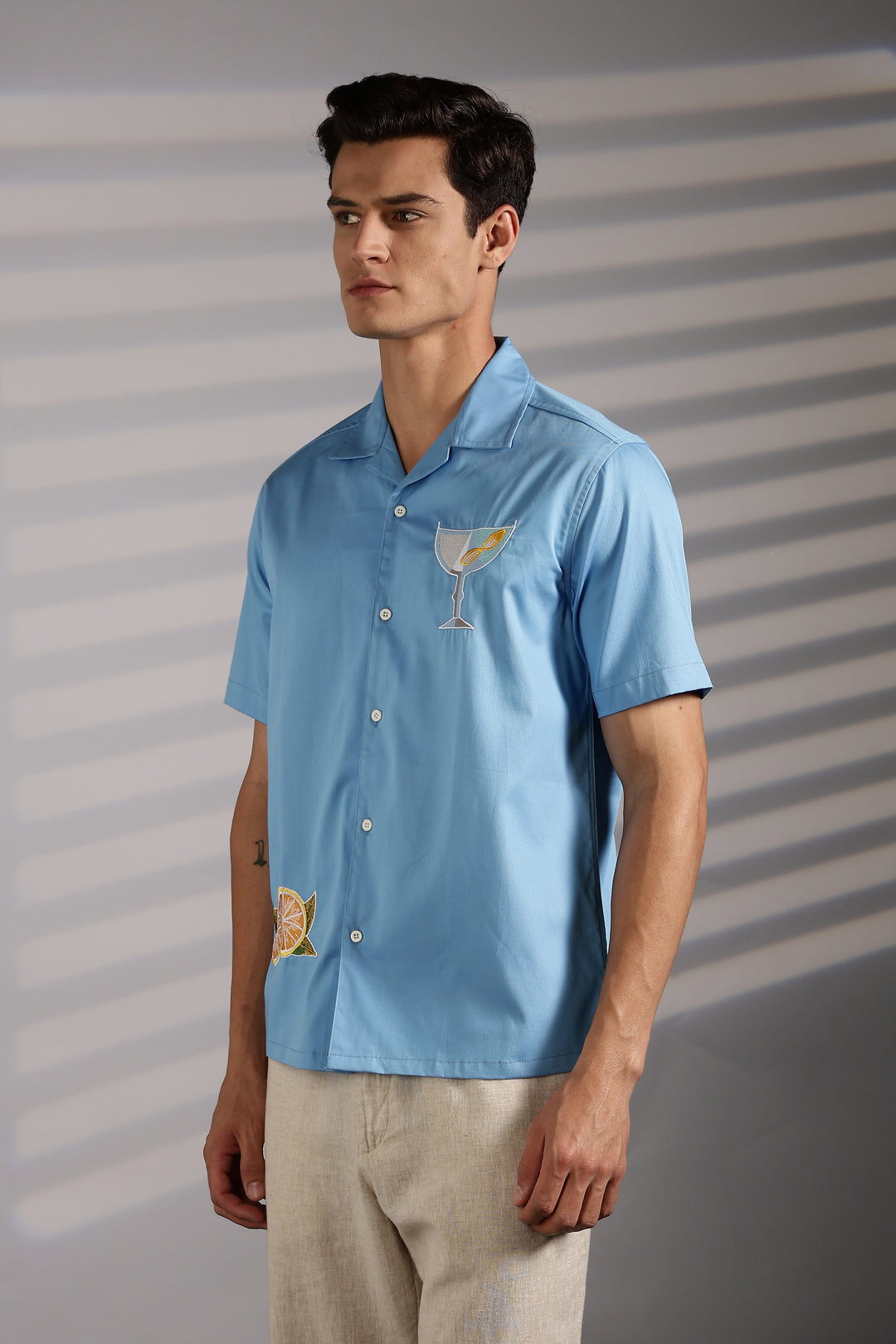 Vacation: Blue Embroidery Cuban Shirt