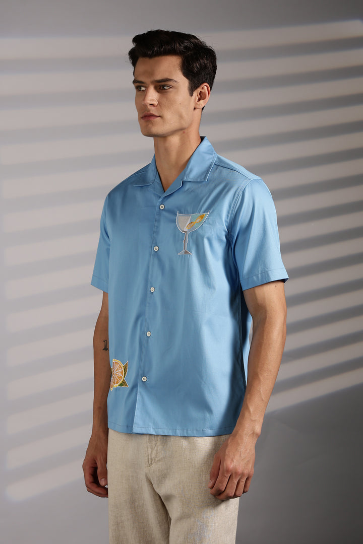 Vacation: Blue Embroidery Cuban Shirt