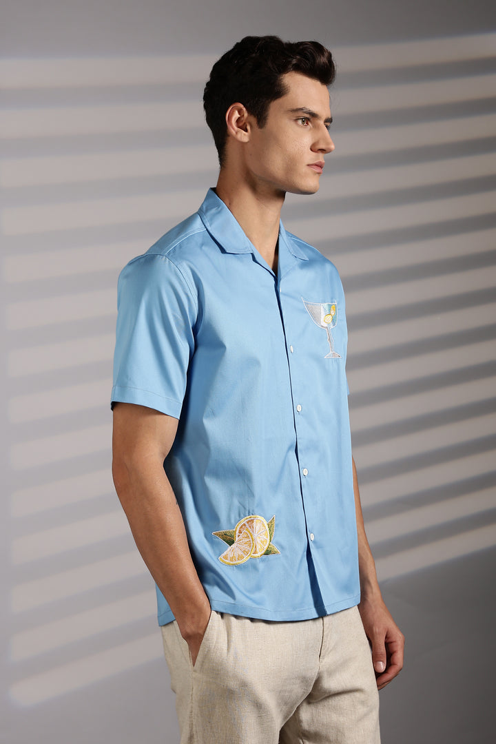 Vacation: Blue Embroidery Cuban Shirt