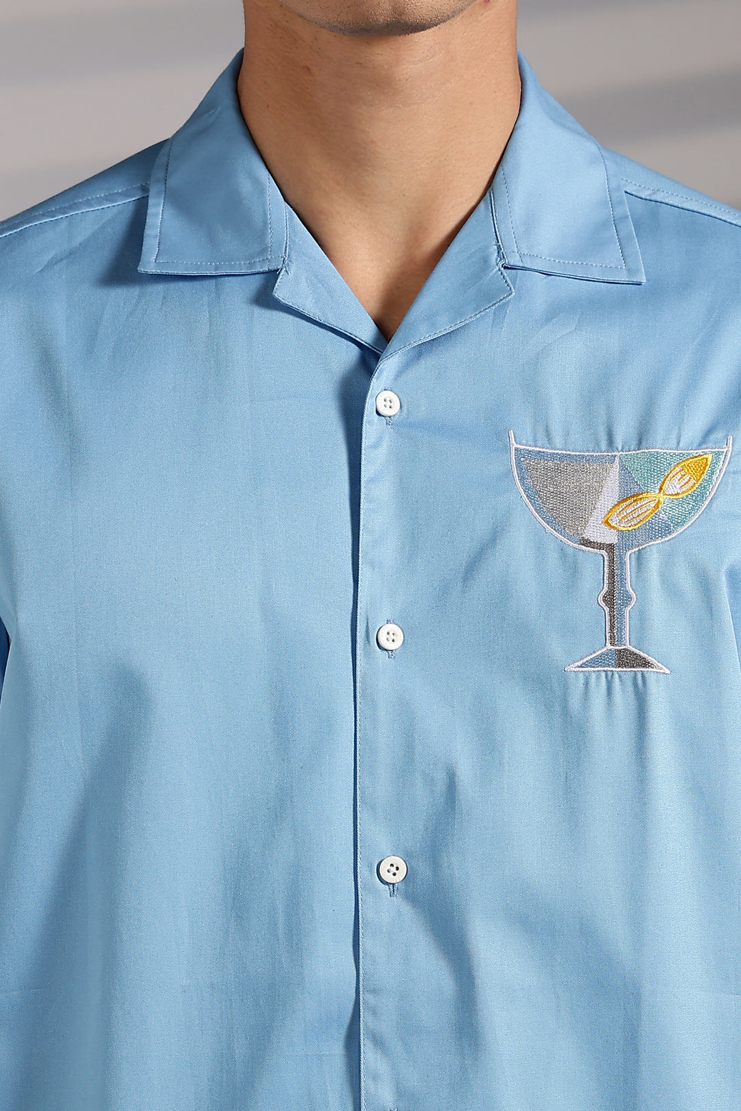 Vacation: Blue Embroidery Cuban Shirt