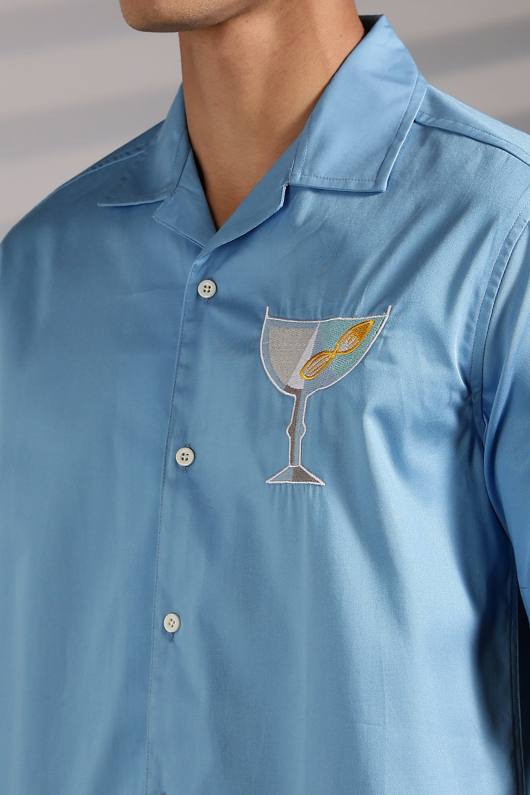 Vacation: Blue Embroidery Cuban Shirt