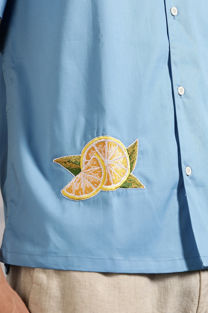 Vacation: Blue Embroidery Cuban Shirt