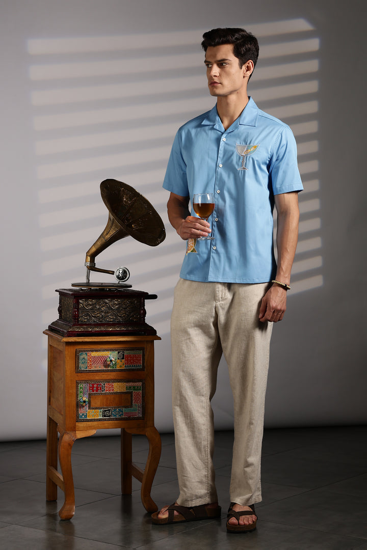 Vacation: Blue Embroidery Cuban Shirt