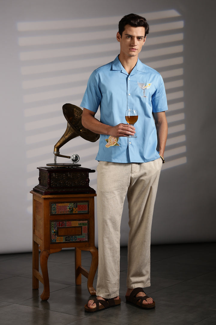 Vacation: Blue Embroidery Cuban Shirt