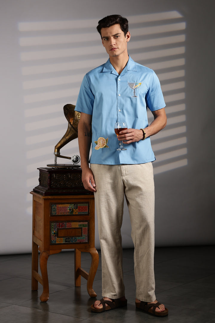 Vacation: Blue Embroidery Cuban Shirt
