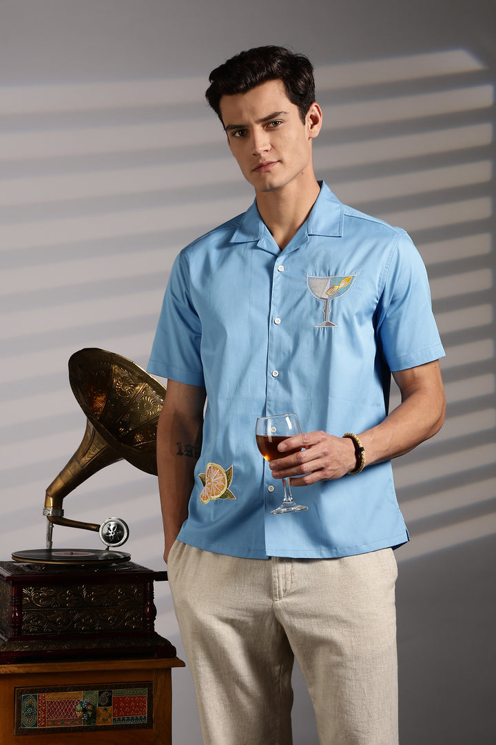 Vacation: Blue Embroidery Cuban Shirt
