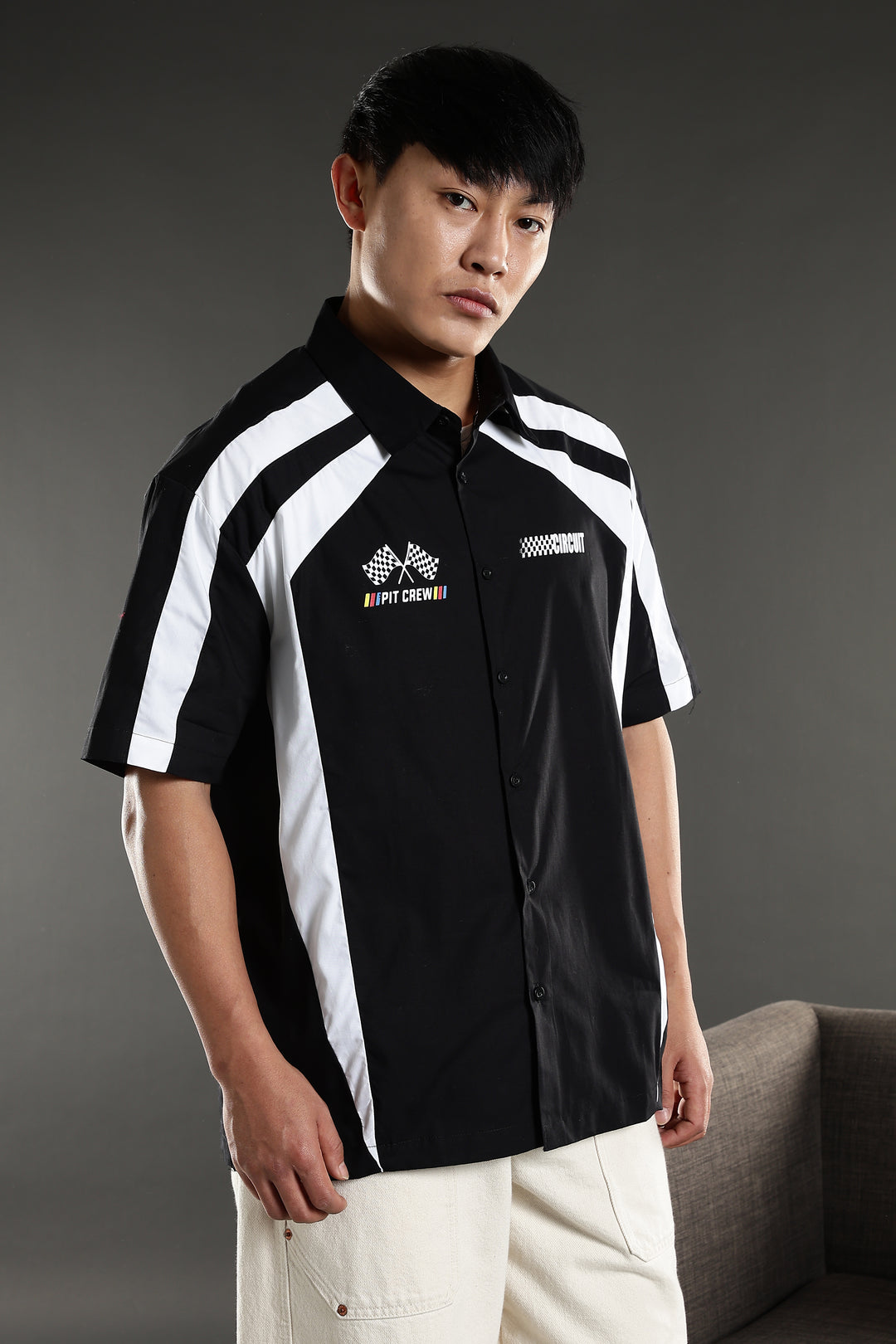 Black & White Racing Cut & Sew Oversized Shirt