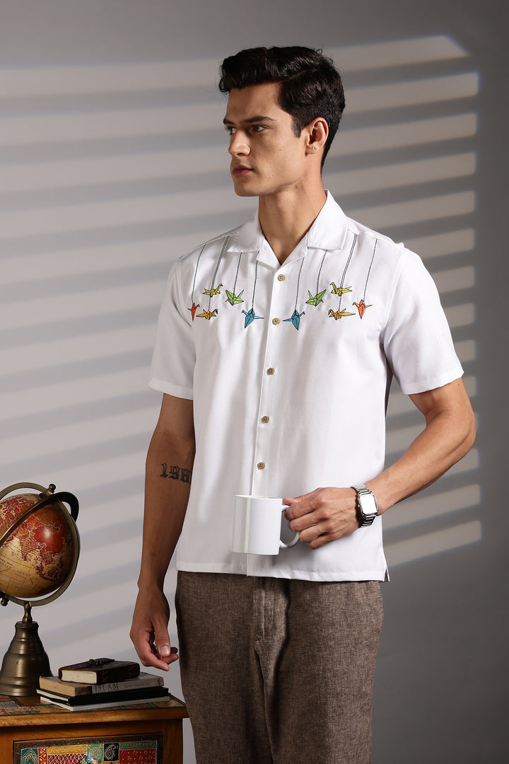 Origami: White Embroidered Shirt