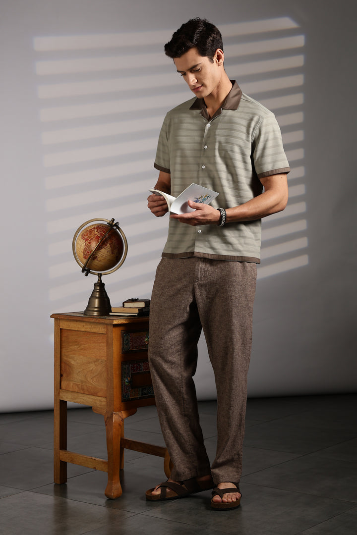 Textured Fabric: Sage Green Stripes Cuban Shirt