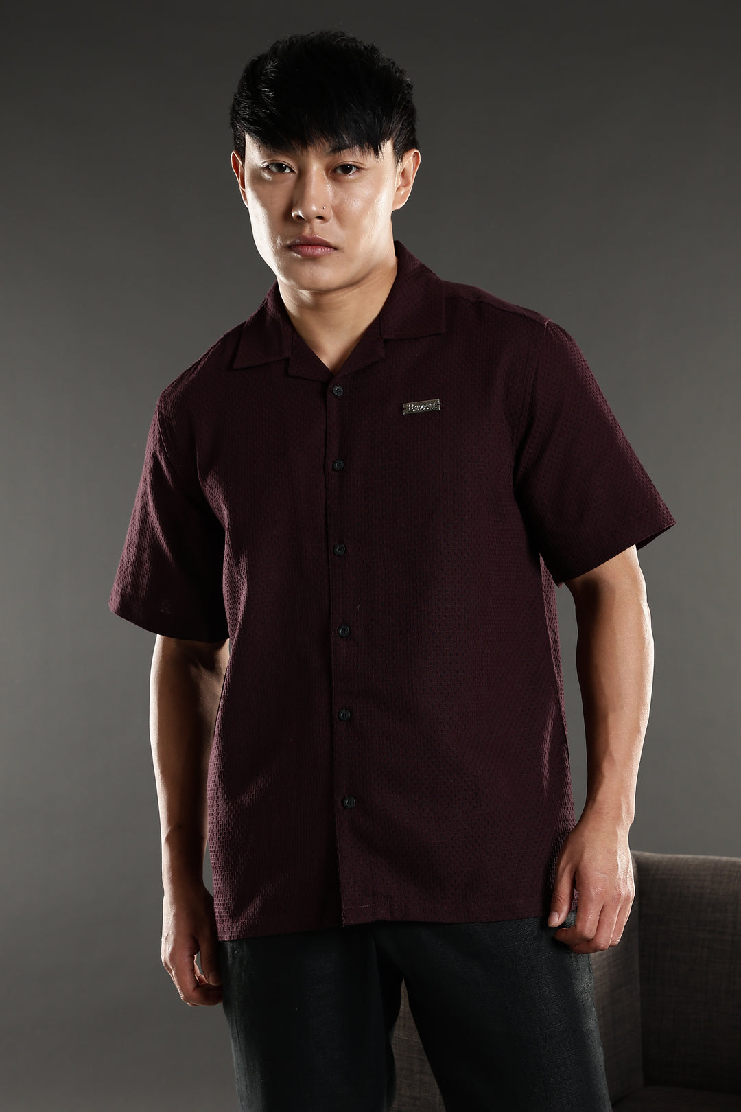 Classic: Textured Fabric Maroon Cotton Cuban Shirt