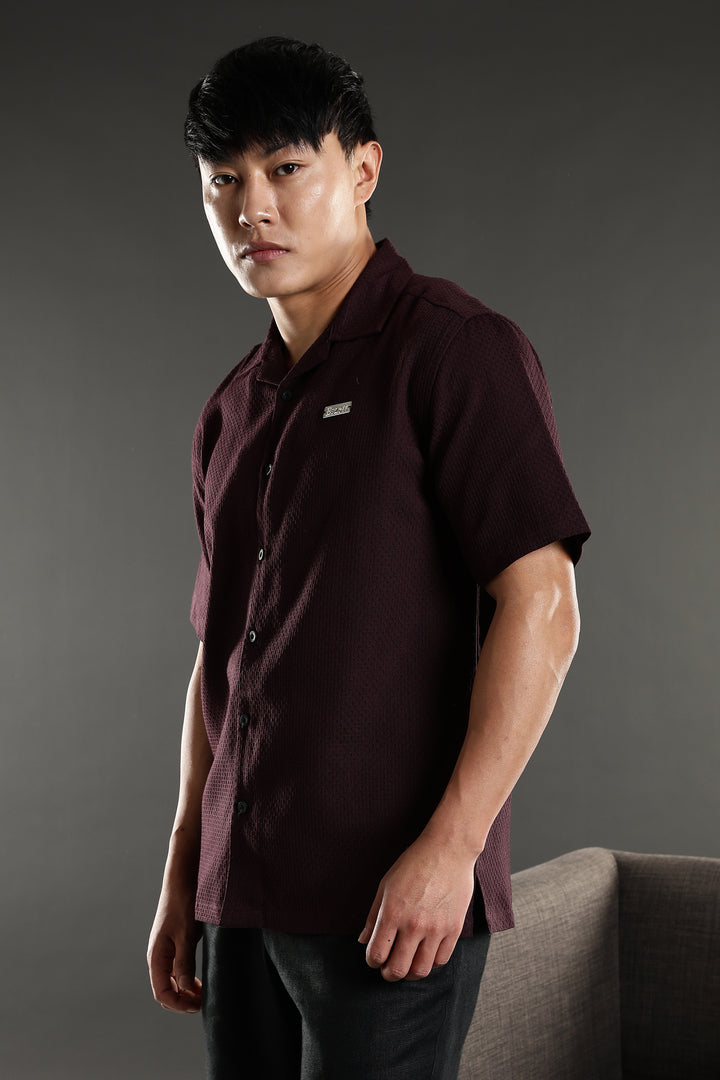 Classic: Textured Fabric Maroon Cotton Cuban Shirt