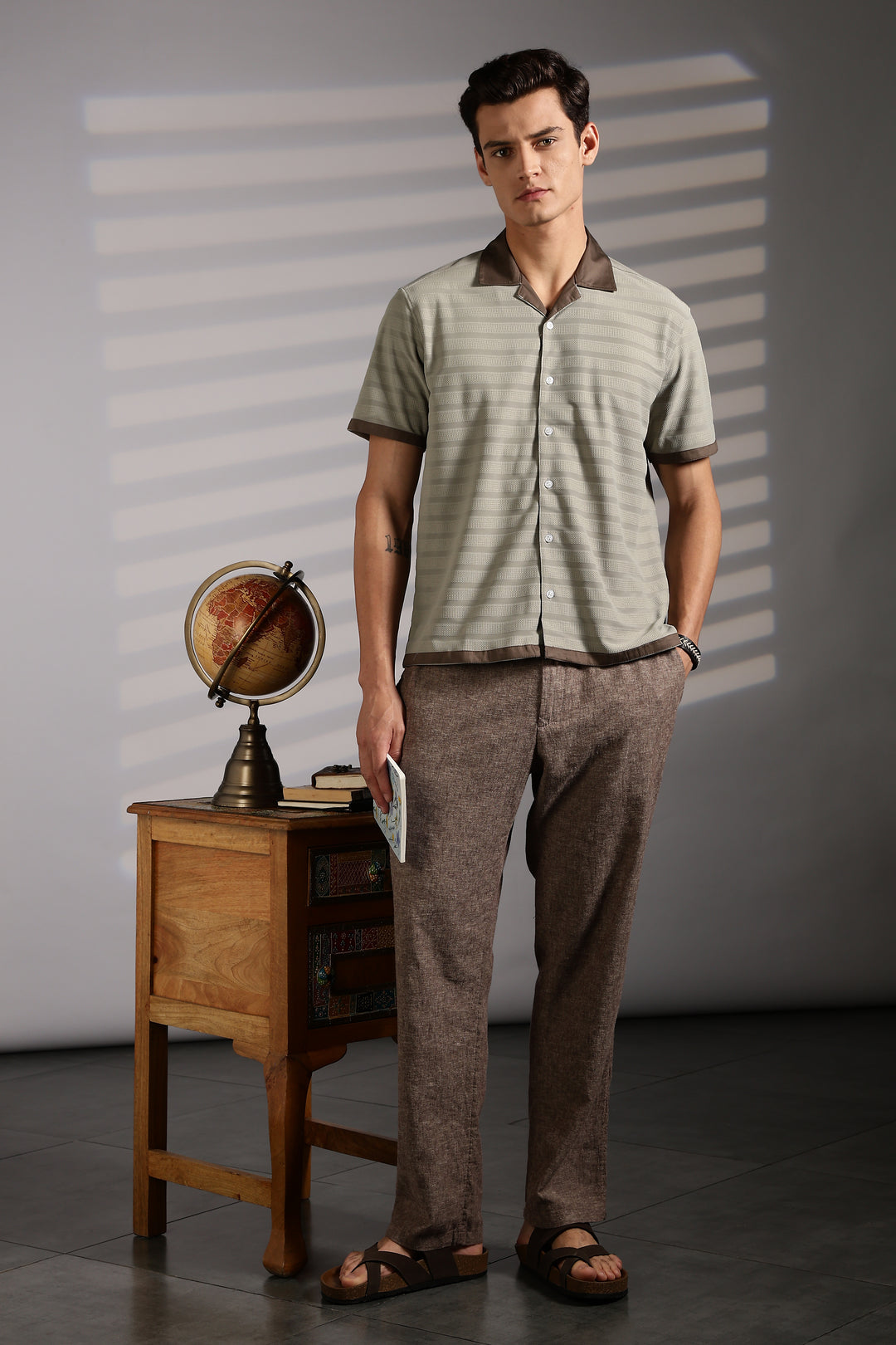 Textured Fabric: Sage Green Stripes Cuban Shirt