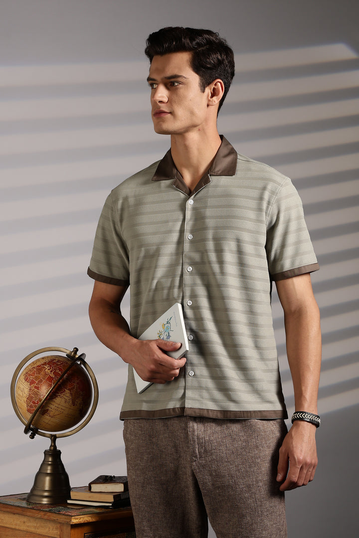 Textured Fabric: Sage Green Stripes Cuban Shirt