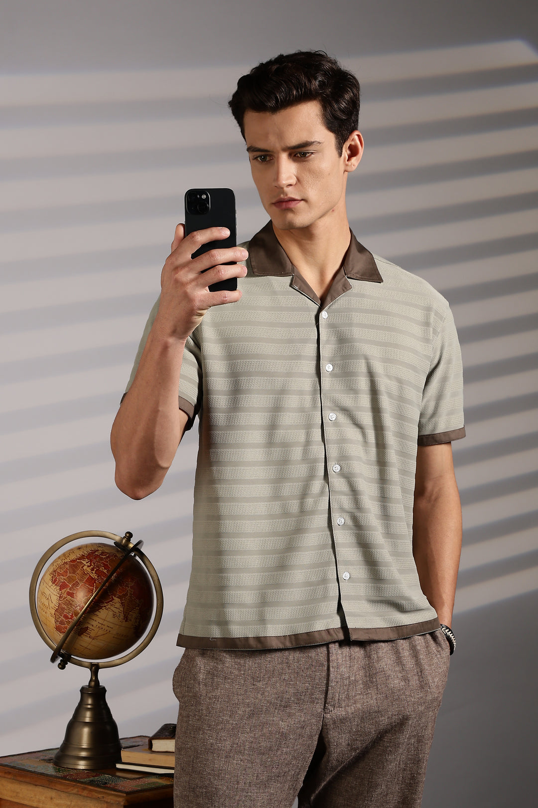 Textured Fabric: Sage Green Stripes Cuban Shirt