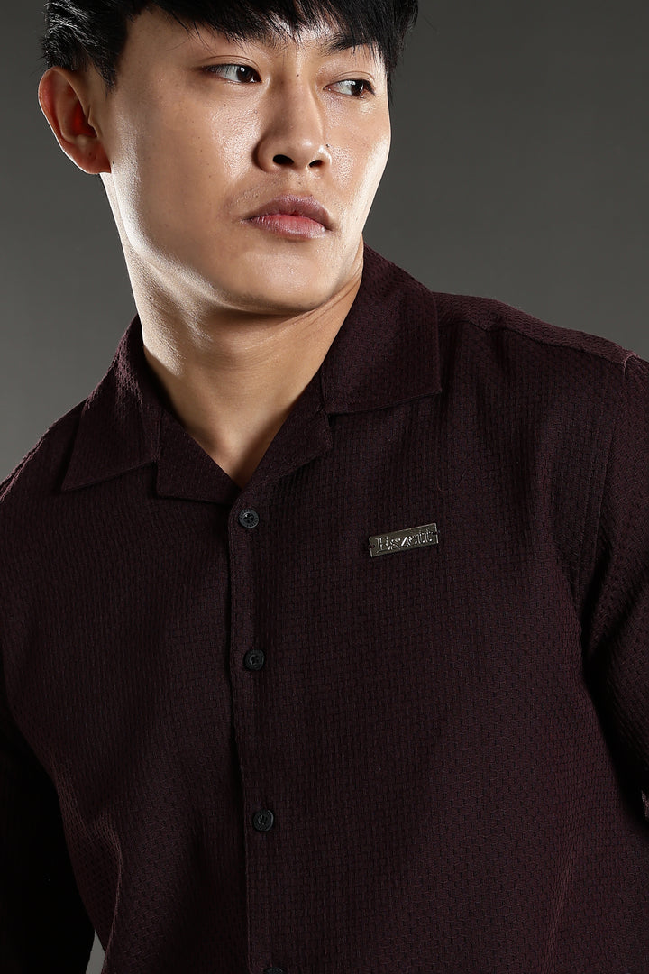 Classic: Textured Fabric Maroon Cotton Cuban Shirt